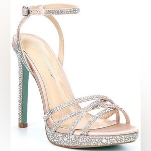 Betsey Johnson Adde Rhinestone Embellished Ankle Strap Platform Pumps.